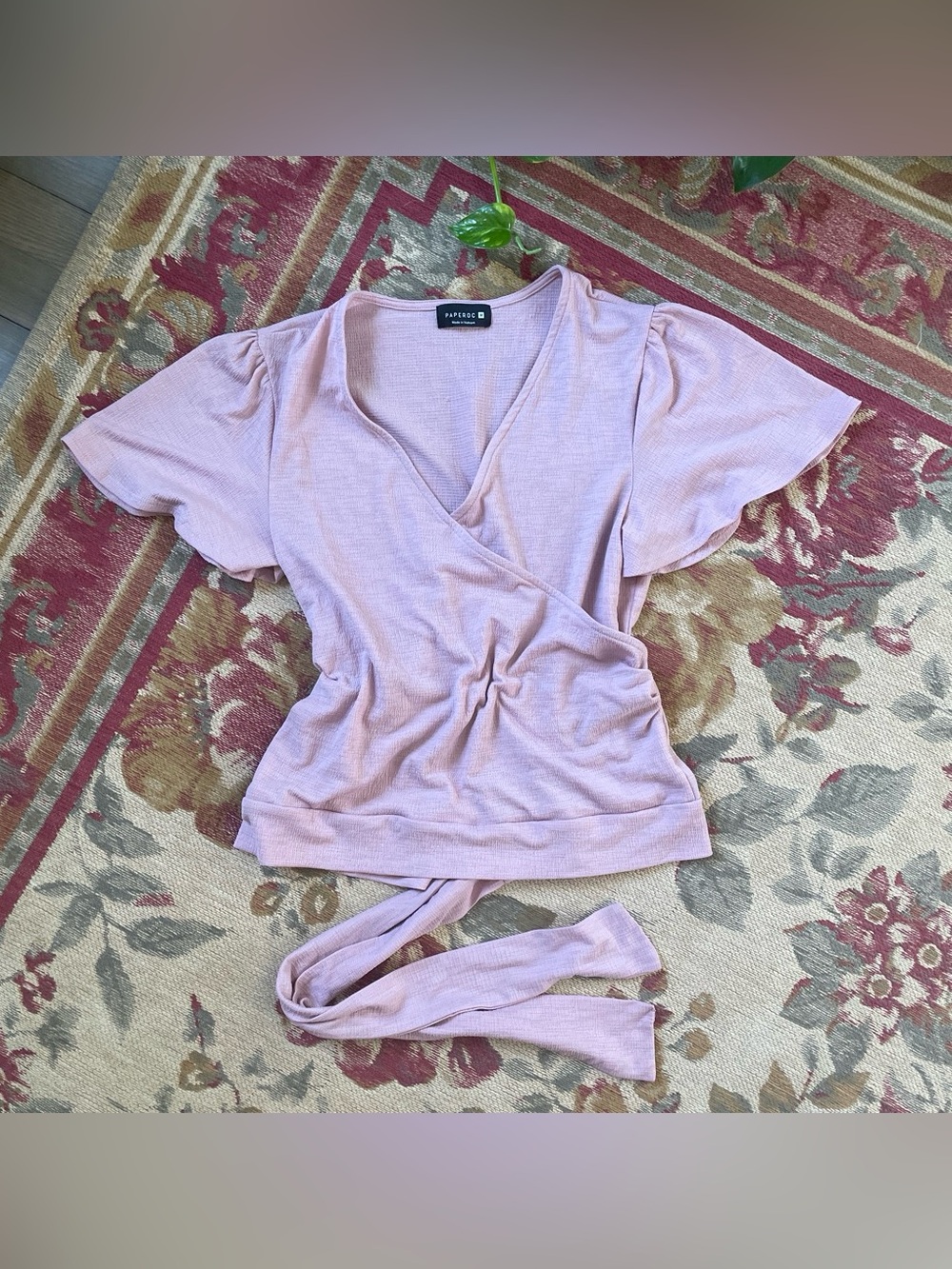 Paperoc Mauve Pink Faux Wrap Flutter Sleeve Top With Back Tie Detail